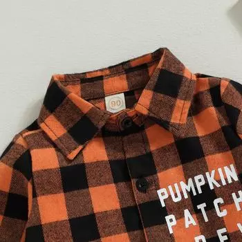 Детские клетчатые рубашки для мальчиков с буквенным принтом и отложным воротником с длинными рукавами, одежда на Хэллоуин для малышей, осенне-зимние повседневные детские топы 4-5 Years оранжевый