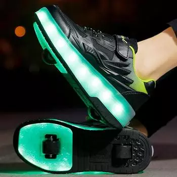 Детские колесные коньки, двойные колеса, разборка на плоские кроссовки, переключатель зарядки, светодиодные блестящие детские светящиеся кроссовки 29 чёрный/зелёный