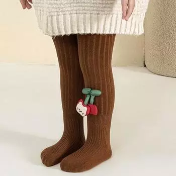 Детские колготки из хлопка для девочек, колготки с маленькими вишнями, леггинсы средней толщины для малышей, осень-зима S коричневый