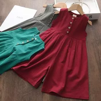 Детские комбинезоны для девочек, модные повседневные боди для девочек, детские однотонные костюмы, одежда без рукавов 3-7 лет 140 красный