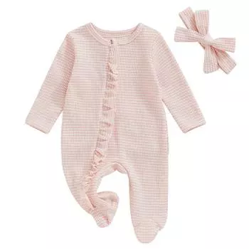 Детские комбинезоны для девочек, полосатый принт, круглый вырез, оборки, длинные рукава, детские комбинезоны, боди с повязкой на голову Newborn розовый