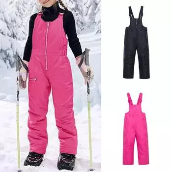 Детские комбинезоны для снега, лыжные штаны с регулируемыми ремнями, утепленные водонепроницаемые зимние комбинезоны, ветрозащитные комбинезоны для зимних видов спорта 2T чёрный
