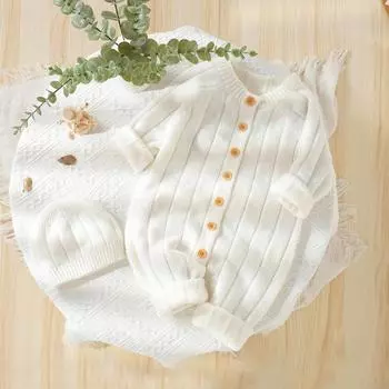 Детские комбинезоны, шапки, комплект одежды, осенний однотонный однотонный вязаный комбинезон с длинными рукавами для новорожденных мальчиков и девочек, зимний свитер для малышей