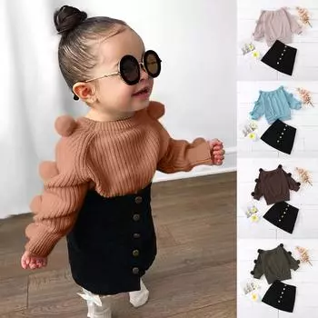 Детские комплекты из теплого свитера с длинными рукавами из искусственного меха для маленьких девочек + короткая юбка 120 кофейный