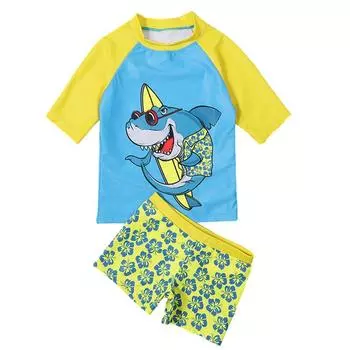 Детские комплекты купальников с мультяшным принтом акулы для мальчиков, топ и шорты с короткими рукавами 90