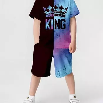 Детские комплекты, летний костюм для девочки, футболка с коротким рукавом, шорты для мальчика, повседневная детская одежда с круглым вырезом и принтом 3D-короны 110