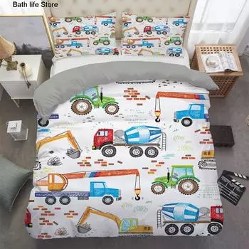 Детские комплекты постельного белья «Экскаватор-трактор», одеяло, пододеяльник, мультяшный автомобиль, пододеяльник для мальчиков с наволочками, королевский размер, декор для дома Duvet Cover&Uk Single 135x200cm