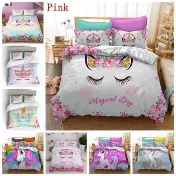 Детские комплекты постельного белья, подарки с единорогом и красочным принтом лошади, наборы пододеяльников для детей, девочек и мальчиков, 2/3 шт. UK Single 135x200cm