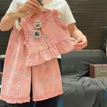 Детские комплекты с клетчатым принтом, без рукавов, широкие брюки, шорты, наряд для девочек 120cm розовый