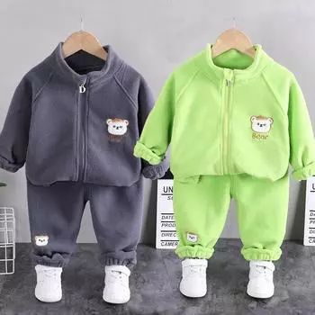 Детские комплекты с подкладкой для мальчиков и девочек, утепленный теплый костюм, детская флисовая спортивная одежда, пальто и штаны с милым медведем из мультфильма для младенцев, 2 шт. 120cm белый