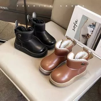 Детские короткие ботинки с милыми кроличьими ушками, ботильоны для девочек, нескользящие, зимние новые модные детские теплые зимние ботинки 2024 года, однотонные 21 чёрный