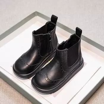 Детские короткие ботинки во французском стиле с мягкой подошвой, нескользящие, детские кожаные ботинки для девочек, модные ботинки из толстой теплой плюшевой меховой ткани, зимние 26 чёрный