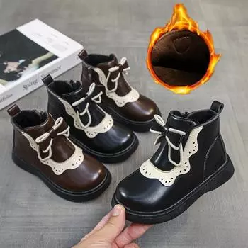 Детские короткие кожаные ботинки в стиле Лолиты для девочек, сапоги принцессы, толстые, теплые, плюшевые, меховые, модные детские ботильоны, зима 2024, новинка 23 коричневый