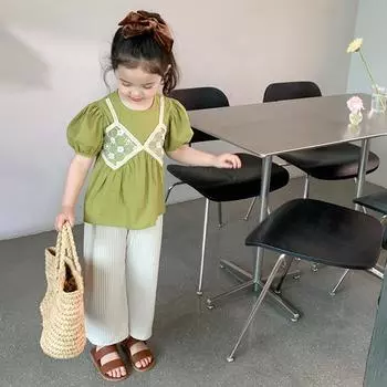 Детские костюмы для девочек, элегантный детский комплект из двух предметов, рубашки с короткими рукавами, топ и повседневные штаны, летний милый костюм для малышей