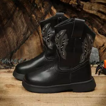 Детские кожаные ботинки с боковой молнией для девочек, ботильоны, модные, универсальные, 2024, новые, вышитые, короткие, зимние ботинки, с круглым носком 26 бежевый