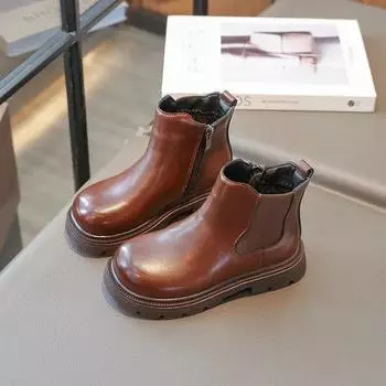 Детские кожаные ботинки в британском стиле, модные универсальные ботильоны для девочек, зимние детские ботинки для мальчиков из нескользящего хлопка с толстой подошвой 26 чёрный