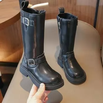 Детские кожаные ботинки в корейском стиле, теплые, осень 2024, сапоги для верховой езды для девочек, прямые поставки, черные детские, черные сапоги принцессы для подиума 22
