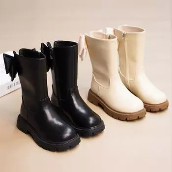 Детские кожаные ботинки весна и осень новые стили осенние и зимние длинные ботинки с бархатом длинный голенище высокий голенище принцесса 26 чёрный