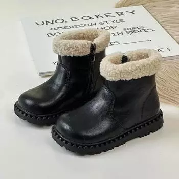 Детские кожаные ботинки зимние для мальчиков и девочек с боковой молнией на меху теплые короткие ботинки для детей ясельного возраста для студентов шерстяные теплые хлопковые ботинки 26 чёрный