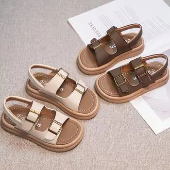 Детские кожаные сандалии с мягкой пряжкой для мальчиков и девочек, повседневные сандалии с открытым носком, детская летняя пляжная обувь, нескользящая, однотонная, новинка 2024 г. 26 коричневый