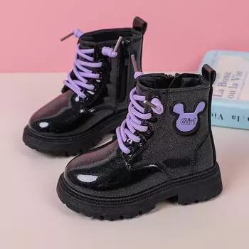 Детские кожаные сапоги, осень 2023, новые одинарные сапоги для девочек, ботинки среднего размера для маленьких детей 22 чёрный