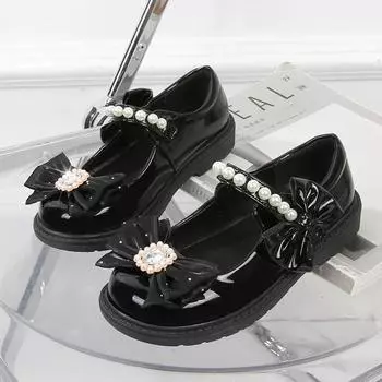 Детские кожаные туфли, глянцевые модные черные туфли для школьниц, элегантные роскошные туфли Мэри Джейн с жемчужным бантом для детей, платье принцессы 26 чёрный