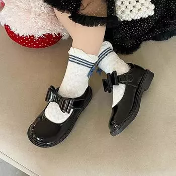 Детские кожаные туфли из глянцевой искусственной кожи с бантом черного цвета для школьниц, модные повседневные туфли принцессы на плоской подошве 26