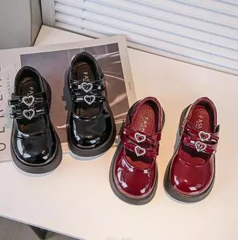 Детские кожаные туфли на весну, винно-красные, черные, элегантные, для девочек, туфли Мэри Джейн, массивные, на липучках, красивые, удобные, детские туфли 26-36 26 чёрный