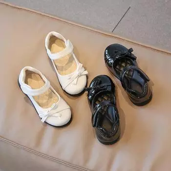 детские кожаные туфли с бантом, детские одинарные туфли 26 чёрный