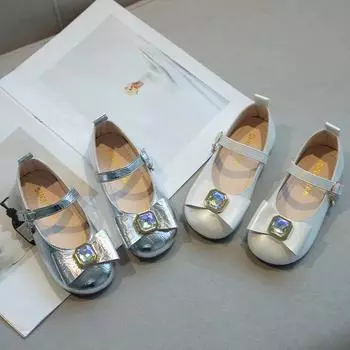 Детские кожаные туфли с бантом из кристаллов, туфли принцессы для девочек, однотонные, универсальные, 2024, новые детские туфли на плоской подошве с круглым носком и мягкой подошвой 26 бежевый
