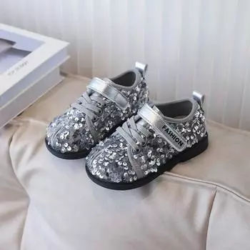 Детские кожаные туфли со сверкающими пайетками, повседневная обувь для девочек, круглый носок, стиль принцессы, 2024, новая детская спортивная обувь на липучке 23 розовый