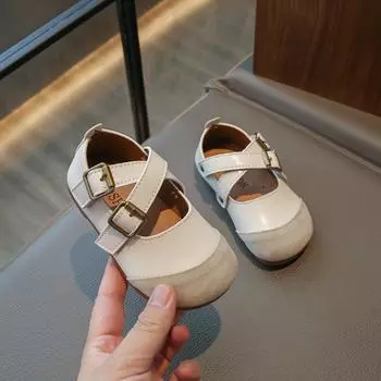 Детские кожаные туфли в корейском стиле в стиле ретро 2024 года, весна-осень, новые неглубокие детские мокасины на плоской подошве, Прямая поставка, обувь для первых прогулок для малышей 22 чёрный