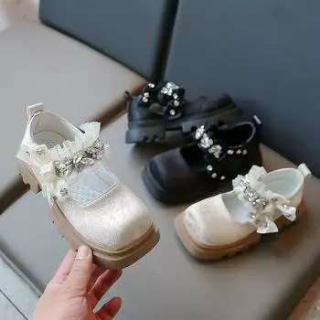 Детские кожаные туфли в стиле «Лолита» для девочек, повседневные туфли с бантом, модные универсальные детские туфли принцессы Мэри Джейн на толстой подошве 26 бежевый