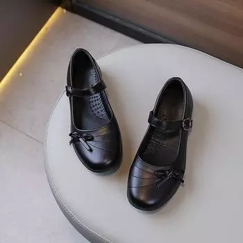 Детские кожаные туфли весна осень новые черные туфли для девочек школьные универсальные детские модные туфли принцессы с бантом на плоской подошве 25 чёрный