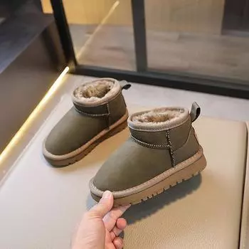 Детские кожаные зимние ботинки для девочек, водонепроницаемые короткие ботинки для мальчиков, утепленные толстым плюшем, зимние ботинки, теплая хлопковая обувь 28 зелёный