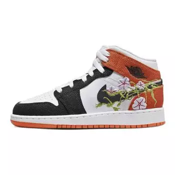 Детские кроссовки Air Jordan 1 Mid GS Floral Оранжевый Белый Черный DQ8390-100 36
