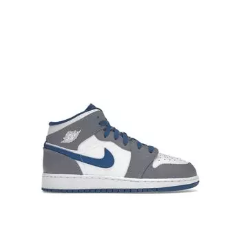 Детские кроссовки Air Jordan 1 Mid GS Cement True Blue Серо-цементно-серый белый DQ8423-014 36