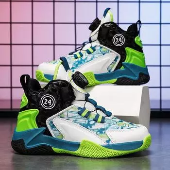 Детские кроссовки для баскетбола на самом деле боевые, для больших детей, для мальчиков, с вращающимися кнопками, дышащая сетчатая поверхность, нескользящие кроссовки для студентов 36