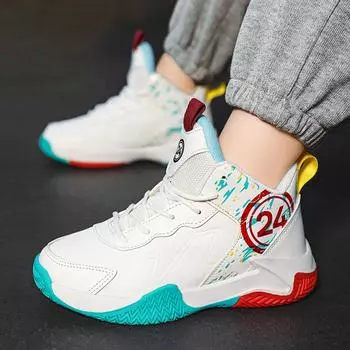 Детские кроссовки для баскетбола настоящие боевые, для мальчиков, осень, новые, кожаные кроссовки для мальчиков с винтовыми кнопками, противоскользящие, амортизирующие 35