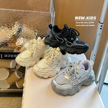 Детские кроссовки для бега с воздушной сеткой, дышащие кроссовки для мальчиков и девочек, модная толстая мягкая подошва 2024 года, абсолютно новая спортивная обувь для студентов, мода 27 серебряный