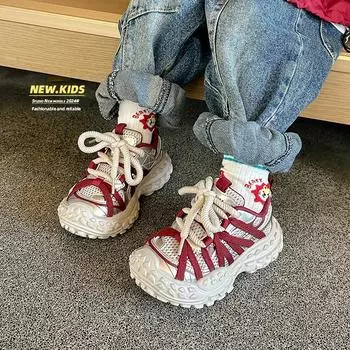 Детские кроссовки для девочек, нескользящие детские кроссовки на толстой подошве, модные универсальные повседневные школьные баскетбольные кроссовки для мальчиков с толстой подошвой 27 чёрный