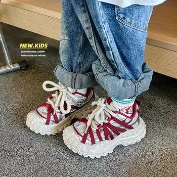 Детские кроссовки для мальчиков, массивные, нескользящие, кроссовки для девочек, модные, сетчатые, дышащие, детские, повседневные, школьные, баскетбольные, универсальные 27 чёрный