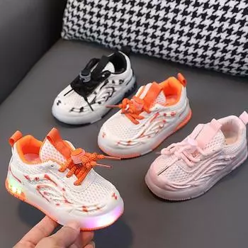 Детские кроссовки для мальчиков со светодиодной подсветкой, спортивная обувь, студенческая обувь, летняя нескользящая детская сетчатая уличная обувь, спортивная обувь 21 чёрный