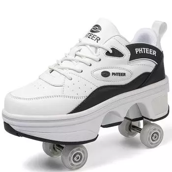 Детские кроссовки на колесах с двойными колесами Кроссовки на роликах для мальчиков и девочек Обувь на роликах Деформационная обувь Обувь для катания на роликах 33 розовый/белый