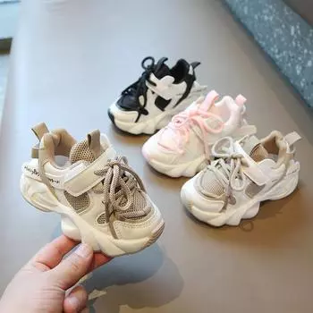 Детские кроссовки на толстой подошве, модная повседневная спортивная обувь для малышей, сетчатая дышащая детская обувь для мальчиков и девочек, универсальная школьная обувь для бега 21 чёрный