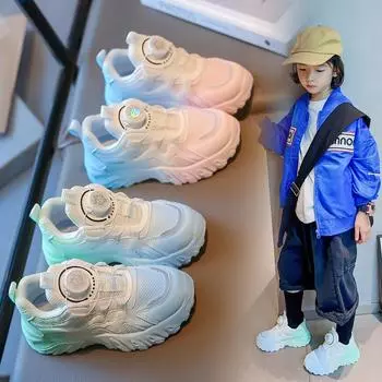 Детские кроссовки с цветными блоками, красочная полированная повседневная обувь для мальчиков и девочек, вращающаяся обувь с поворотной пряжкой 26 розовый/синий