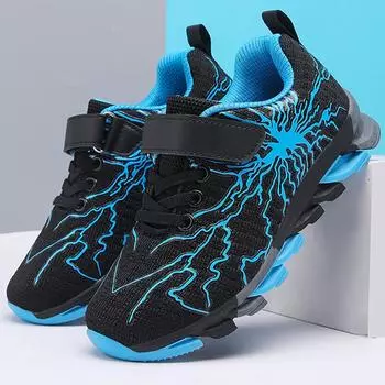 Детские кроссовки унисекс, летние кроссовки из дышащей сетки для девочек, кроссовки для больших мальчиков, детские кроссовки с летающей тканой молнией 28 циан/чёрный