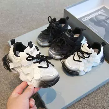 Детские кроссовки весна осень новые баскетбольные кроссовки для мальчиков и девочек модные сетчатые детские школьные кроссовки на толстой подошве для спорта и бега 24 чёрный