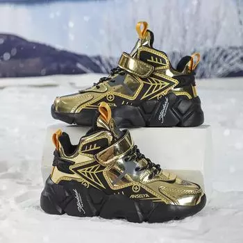 Детские кроссовки зимние хлопковые теплые удобные плоские прогулочные туфли кожаные уличные спортивные высокие модные детские теннисные туфли для мальчиков 28 золотой