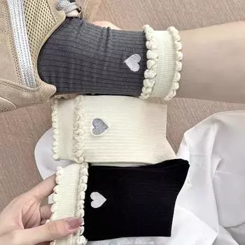 Детские кружевные носки Love, милые японские весенние и осенние стили, носки средней длины, корейские ворсистые носки, осенние и зимние стили белый